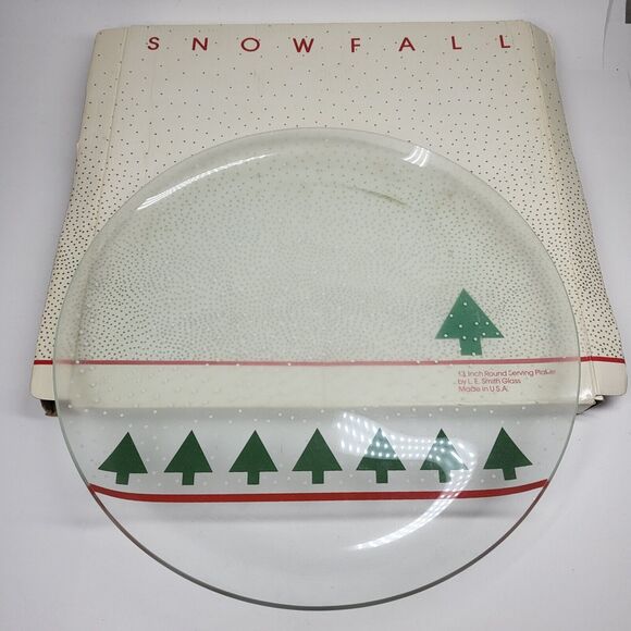 L.E. Smith Snowfall Trees Frosted Glass 13" Round Platter Christmas Serving MCM - Picture 1 of 12